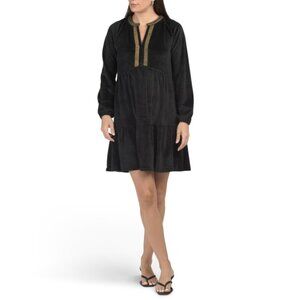 CABANA LIFE Black Velvet Placket Tiered Mini Dress